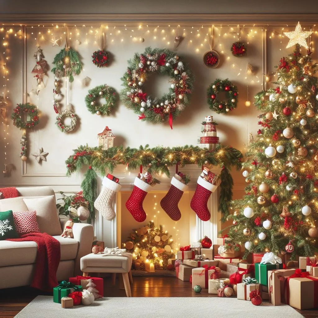 A living room decorated for Christmas walkthrough://vscode_getting_started_pagewith Christmas tree, twinkling lights, garlands, wreaths, stockings, and some ornaments in the classic Christmas colors like red and green.