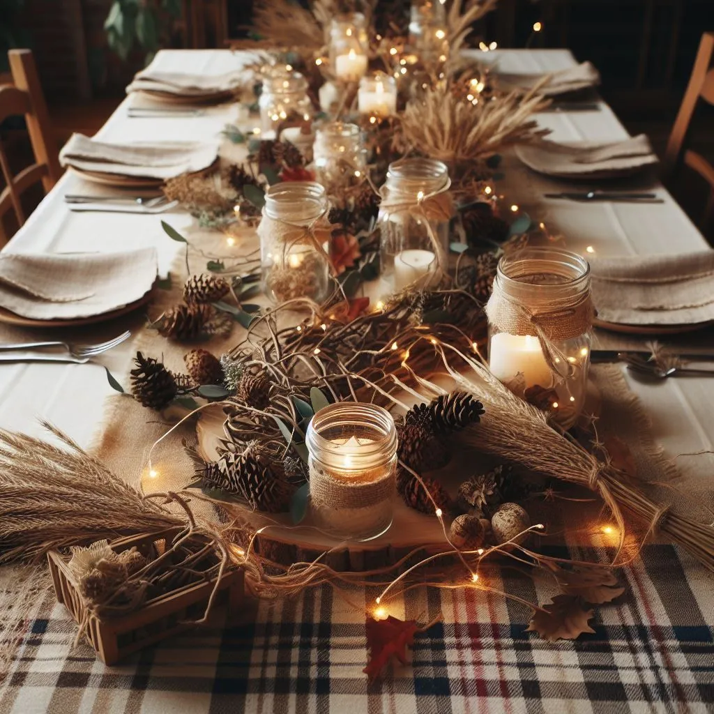 A dining table decorated in the the magic of a country Christmas dining room Christmas decorations theme with  a simple garland of wheat stalks, fairy lights, and mason jars with pine cones and candles.