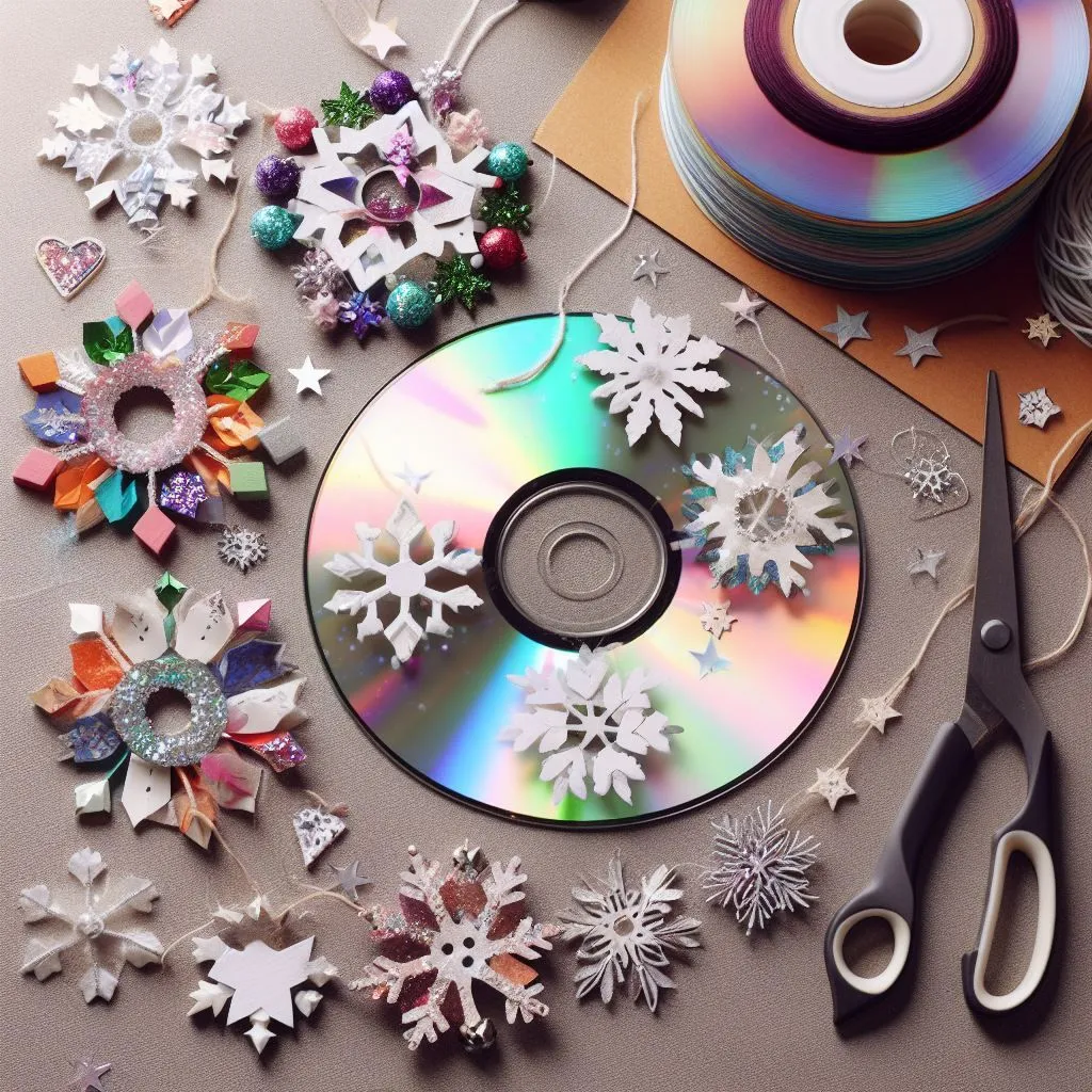 DIY christmas decoration idea to turn old CDs into shiny snowflakes by painting them white and adding glitter.