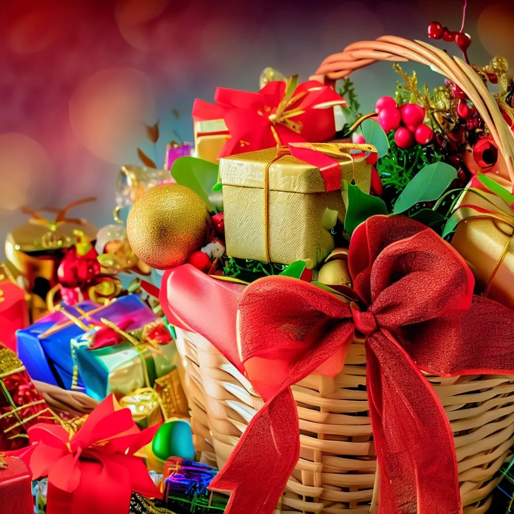Images of beautifully arranged holiday gift baskets with festive decorations and colors.