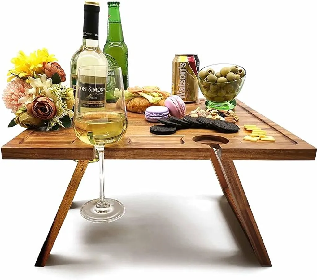Elevate your outdoor experiences with this Natural and Sturdy Acacia Wood Folding Wine Table.