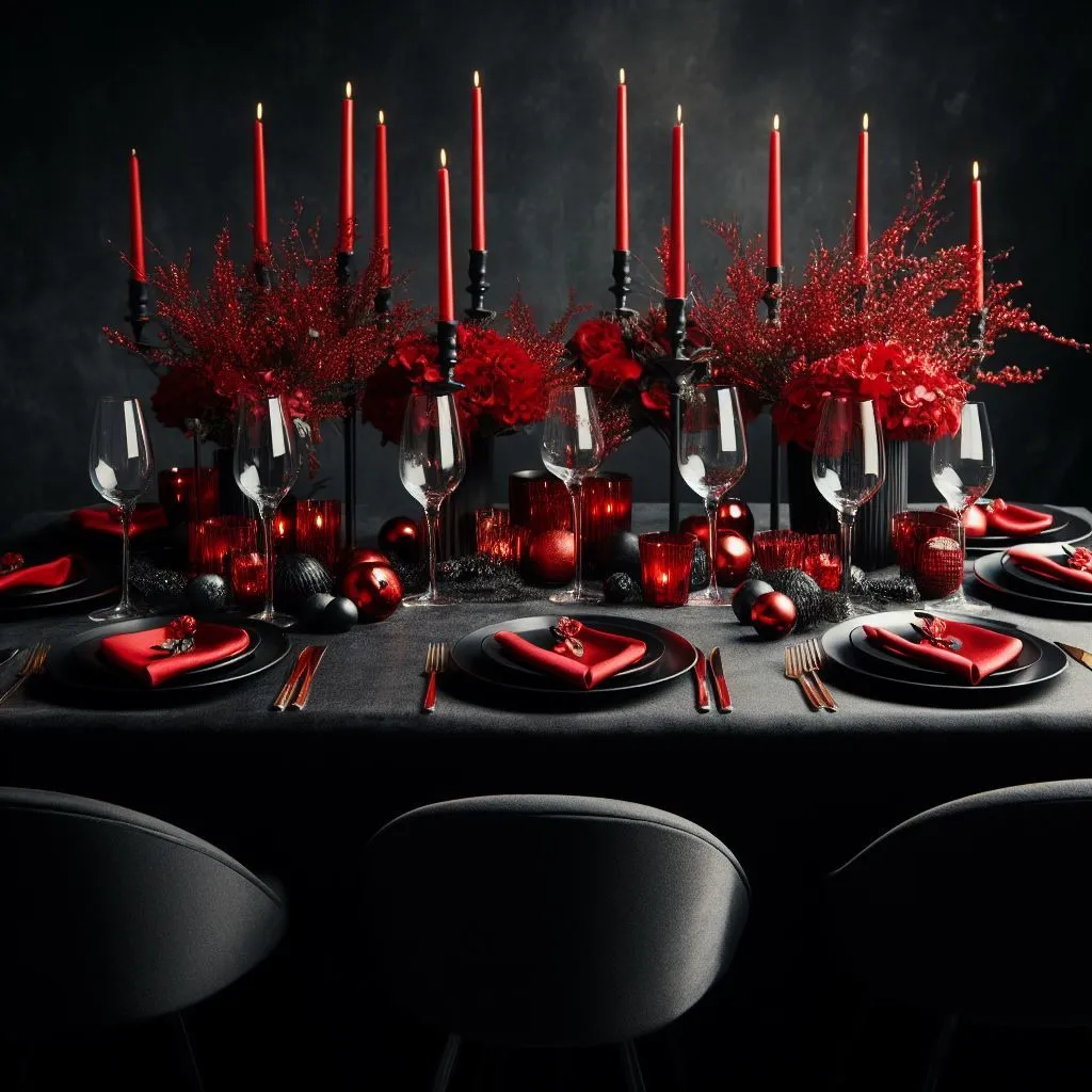 Christmas table setting in a glamorous red and black theme for festive decorations