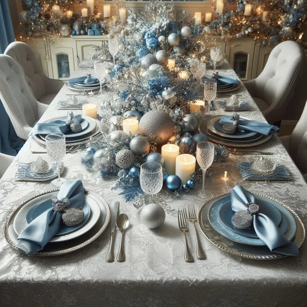 One of the Festive Table Decoration Ideas for Christmas in which the dinning table is decorated with silver and blue combination